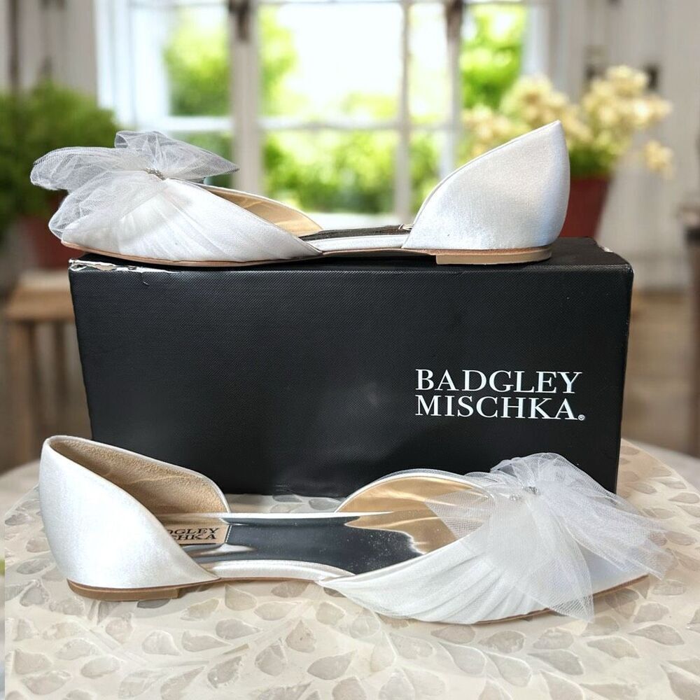 Badgley Mischka Fergie Bridal Ballet Flats Ivory Tulle Bow Pointed Toe D’Orsay S - Picture 10 of 13
